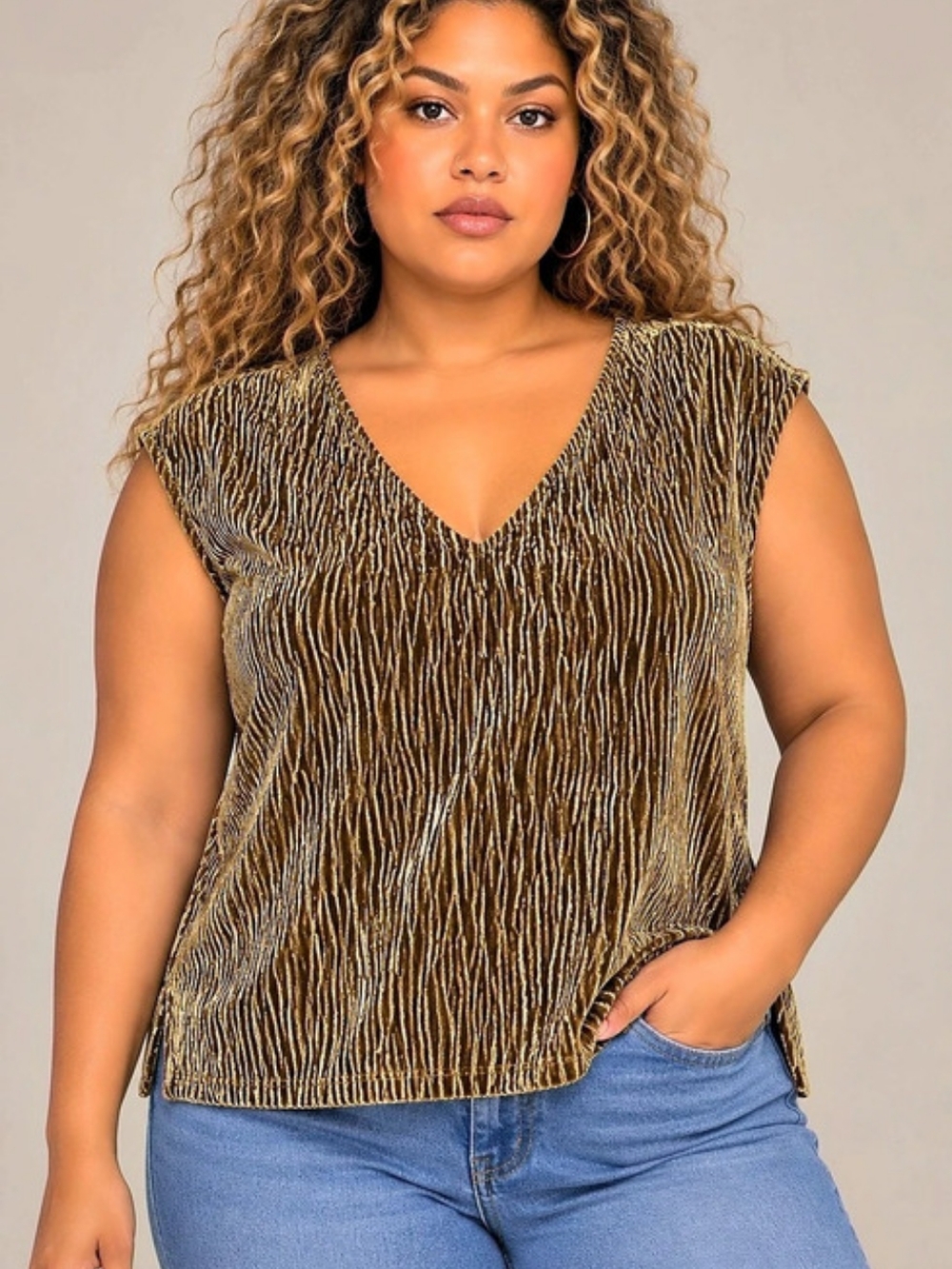 A New Day MTL 1980 Textured Velvet V-Neck Tank Top in Gold 3X